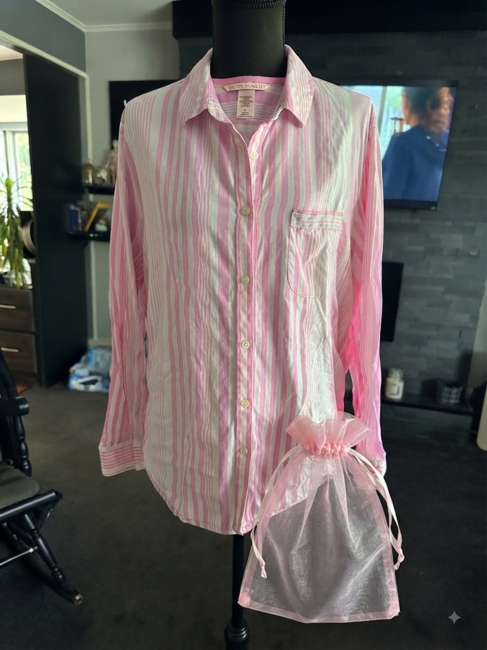 Victoria's Secret Pink and White Striped Button-Down Shirt-M & Beauty Gift Bag